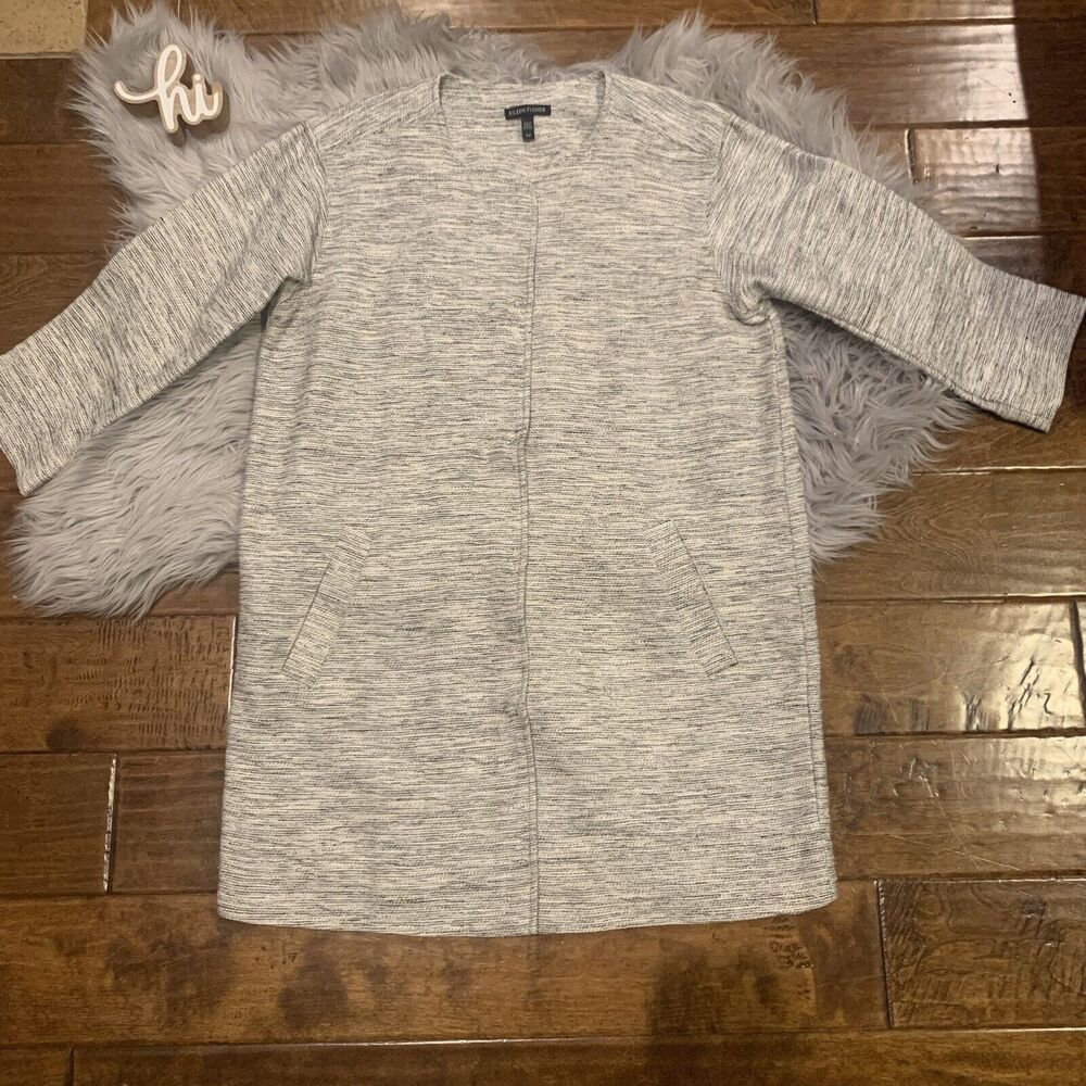 Eileen Fisher Jacket Marled Dove Gray Textured Woven Cotton Coat Size Small